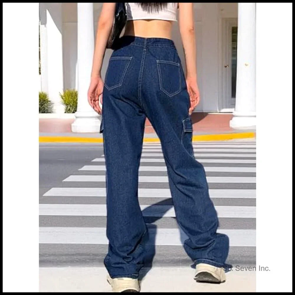 High Waisted Cargo Jeans Y2K Straight Wide Leg Baggy Denim Pants